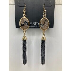 LANE BRYANT Gold Tone Marbled Nude Neutral Stone Dangle Earrings w/ Tassel NEW